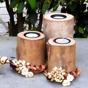 Wooden T-light Candle holder with flowers - Set of 3