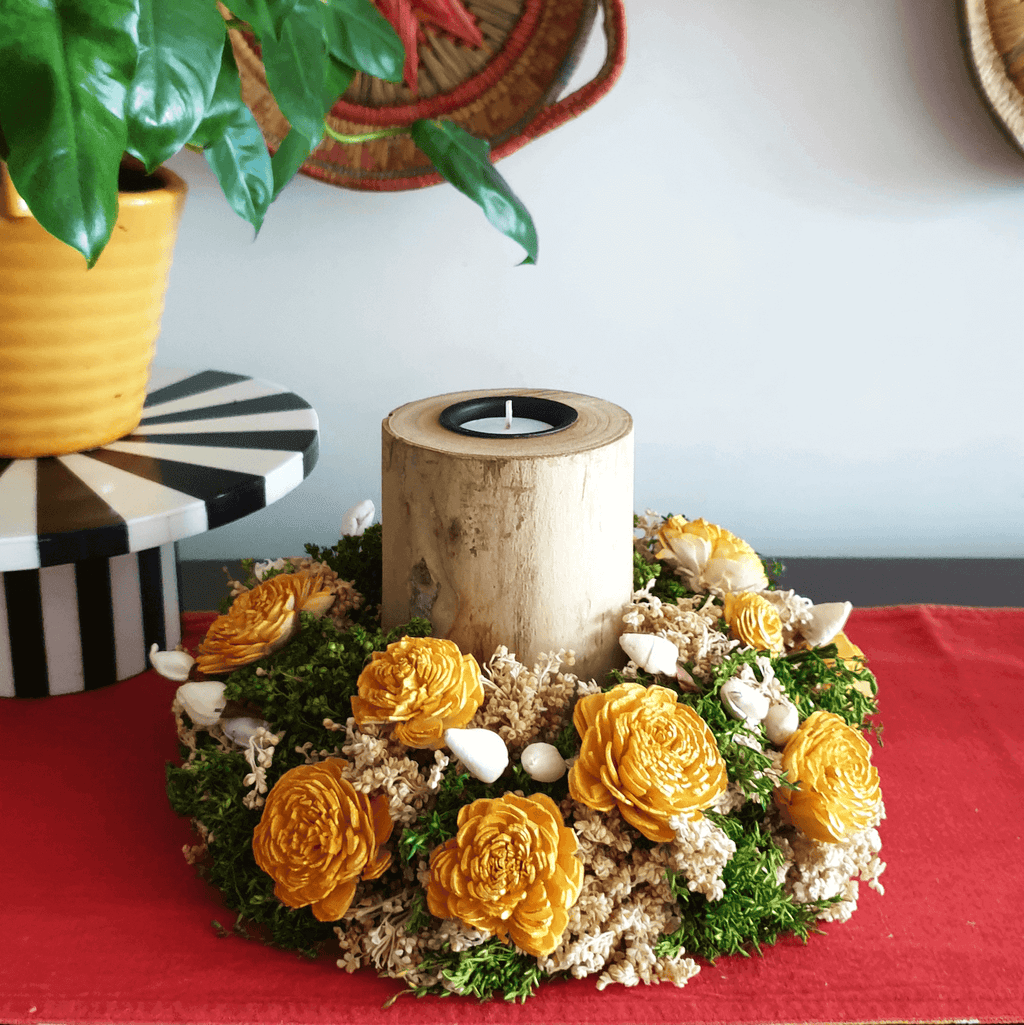 yellow floral candle holder wooden centrepiece for Diwali