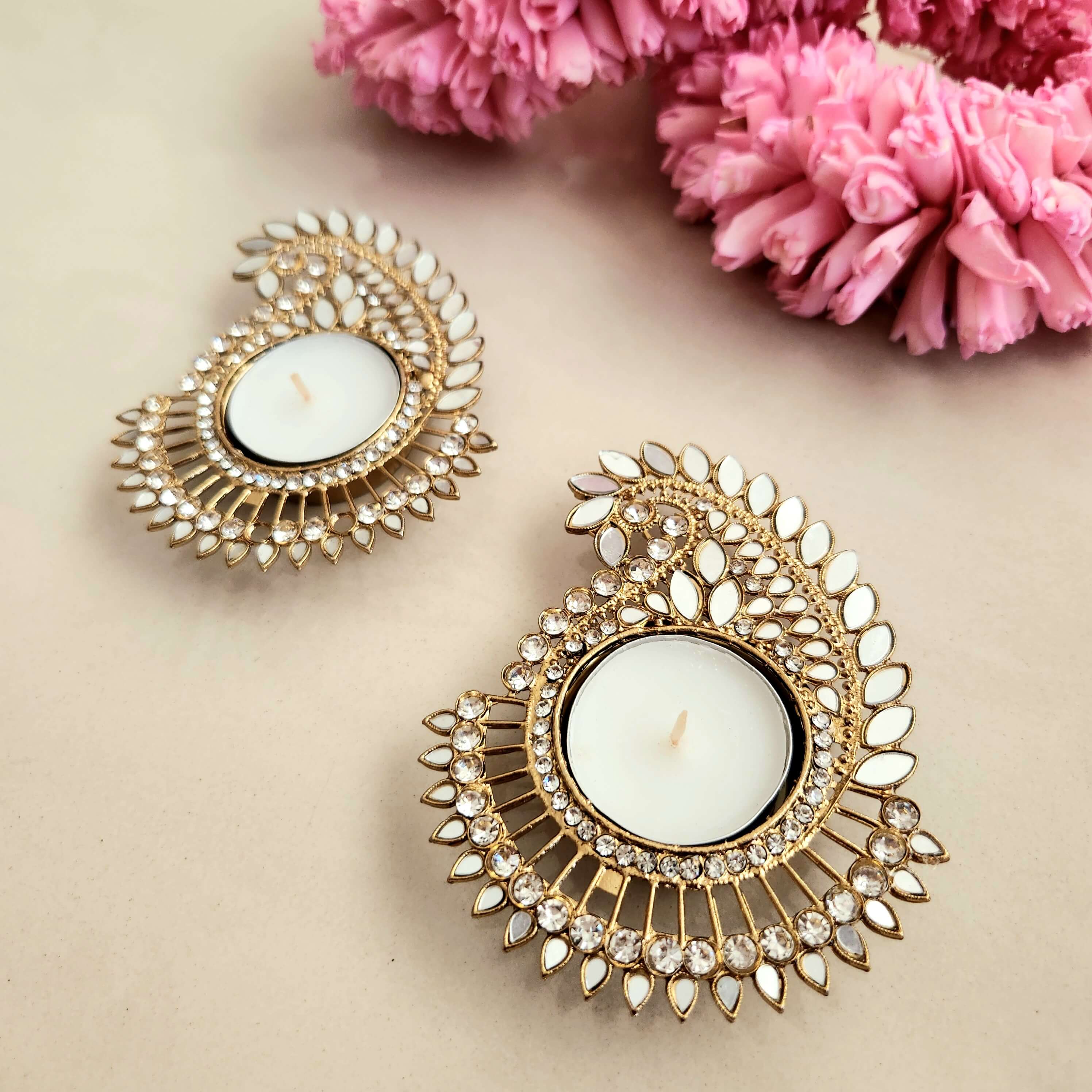 Metal Mirrorwork Tealight Holder Set - Paisley