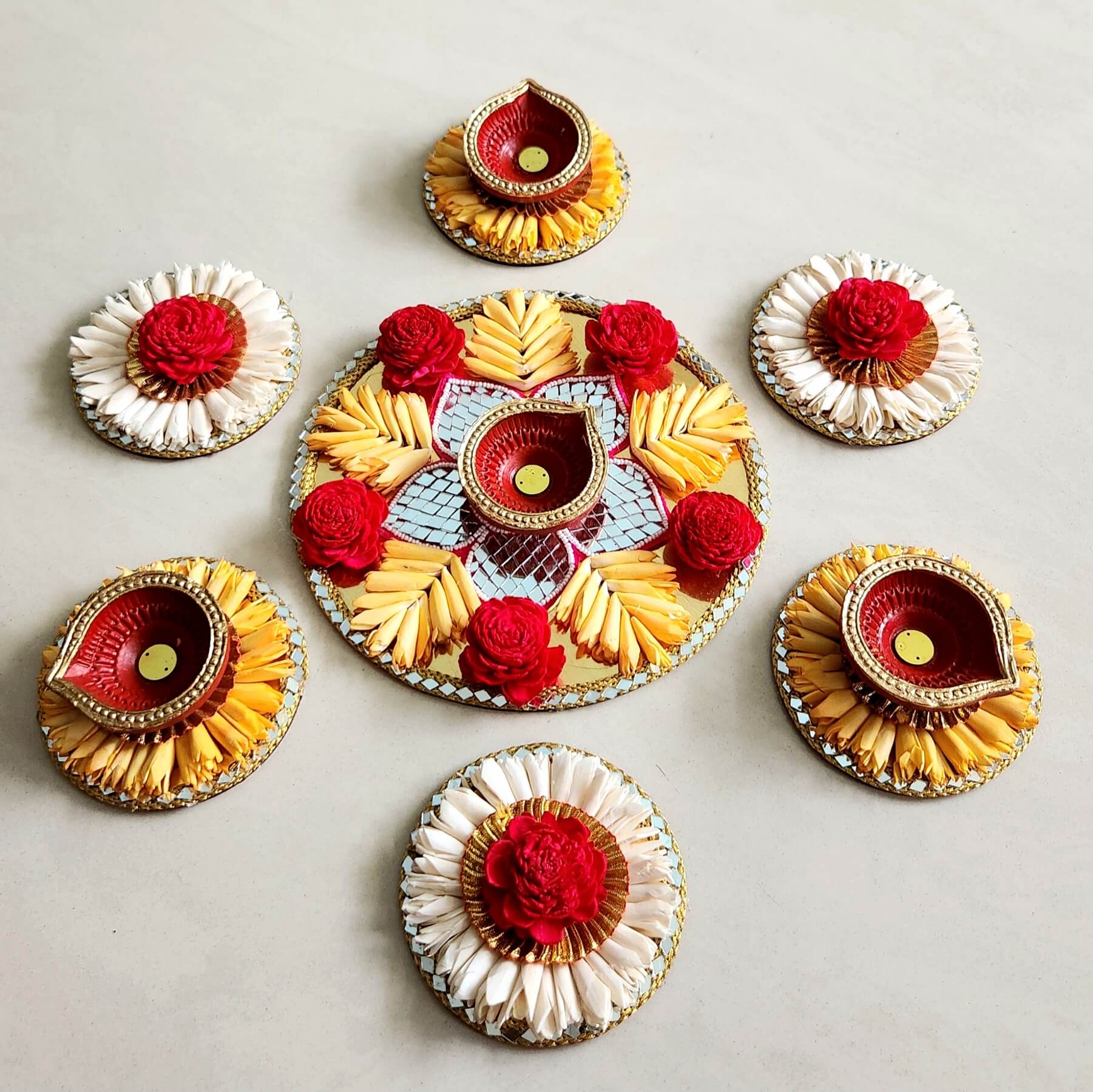 Floral Rangoli Set with Diyas I Ready-to-use