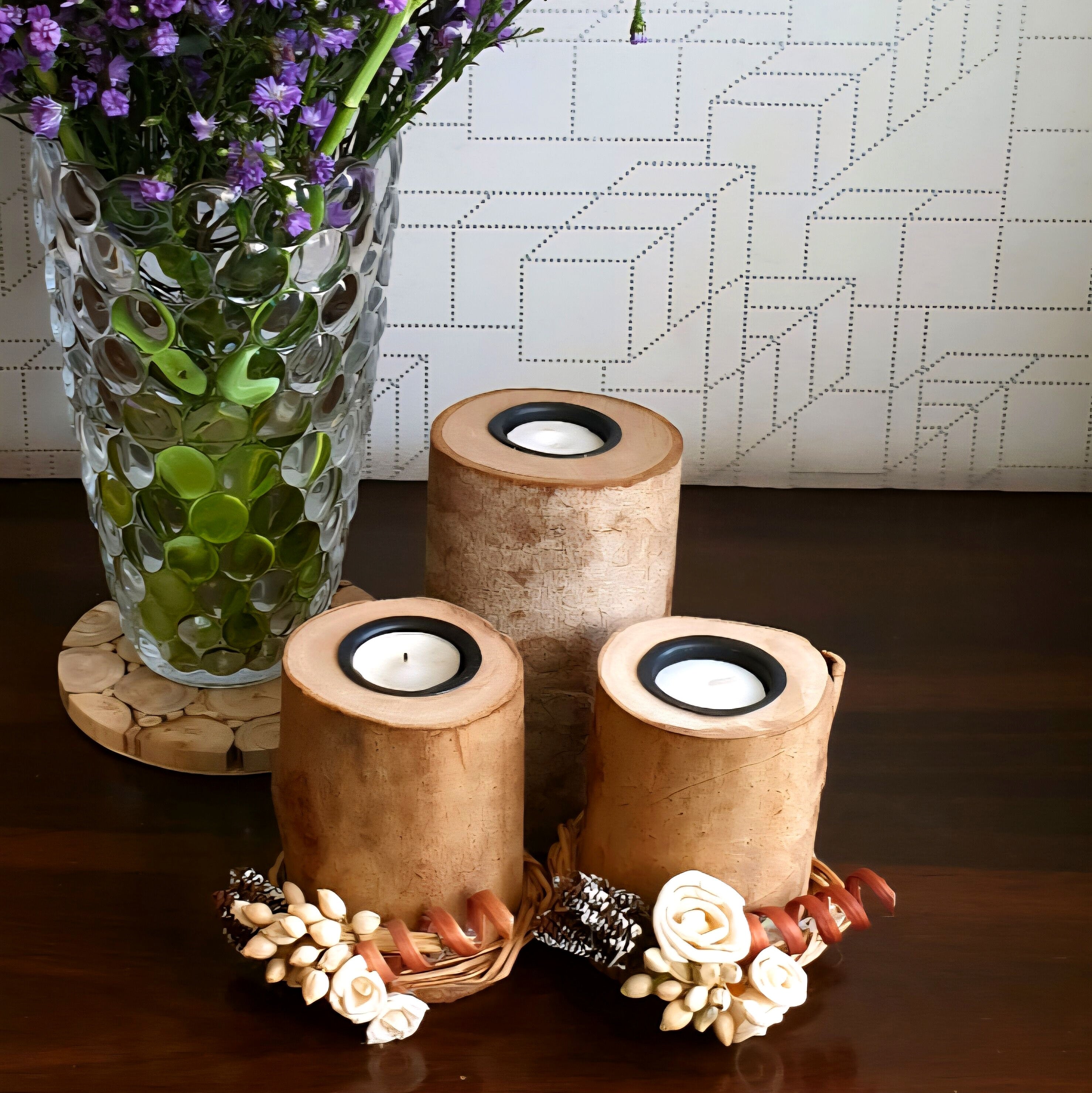 Wooden T-light Candle holder with flowers - Set of 3